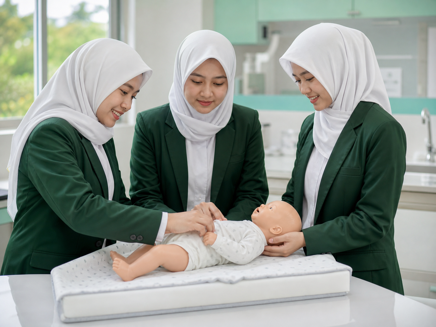 Mahasiswi belajar perawatan bayi dengan boneka simulasi
